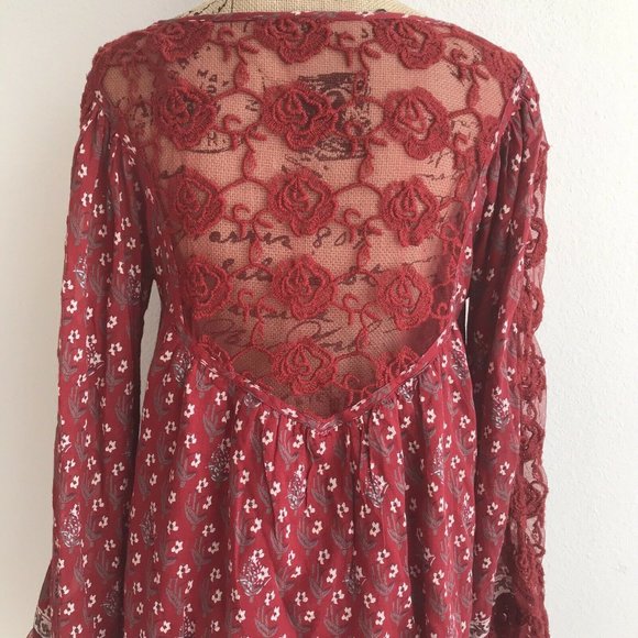 Free People Red Floral Peasant Tunic Dress Lace M - Picture 5 of 11